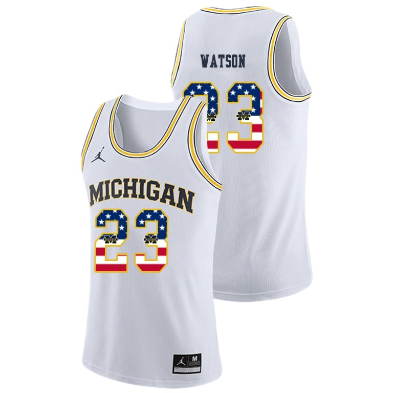 Michigan Wolverines Men's NCAA Ibi Watson #23 White Jordan Brand USA Flag College Basketball Jersey ZGZ2549UQ